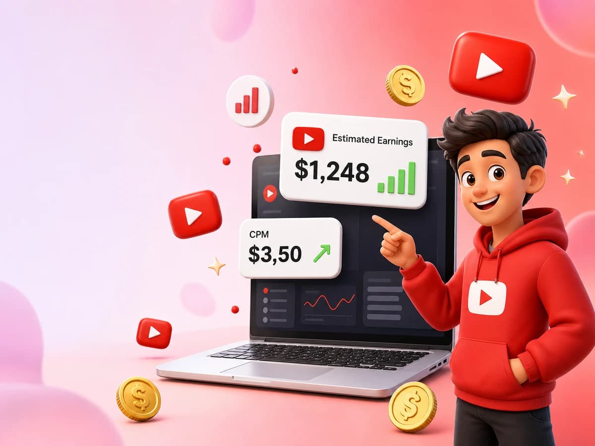 3D illustration of a creator beside a laptop showing estimated YouTube earnings and CPM
